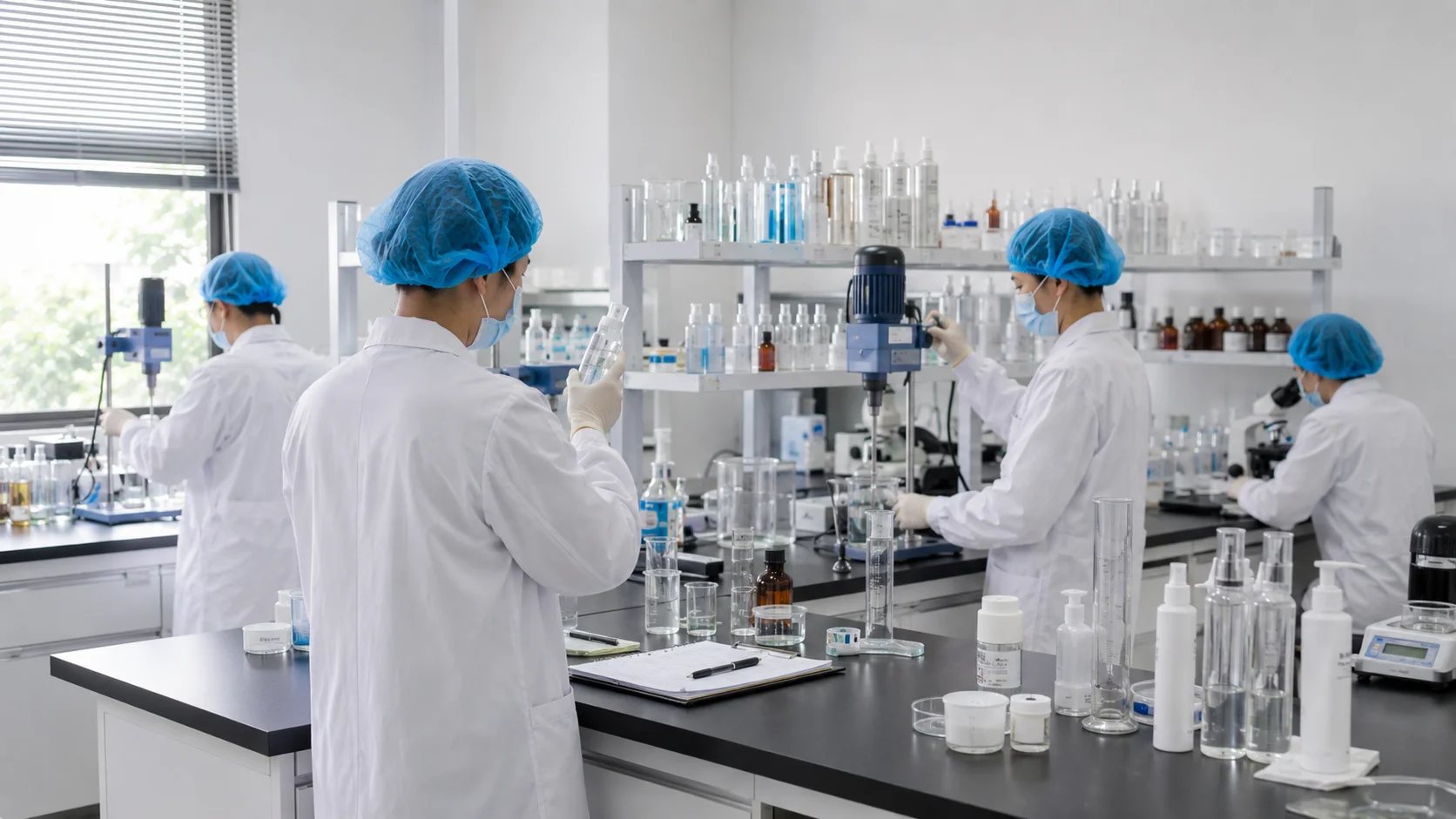 Researchers in white lab coats and blue hair caps conducting experiments with laboratory equipment and chemicals.